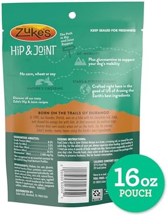 Zuke's Hip and Joint Dog Treats, Chicken Recipe, 16 oz Pouch