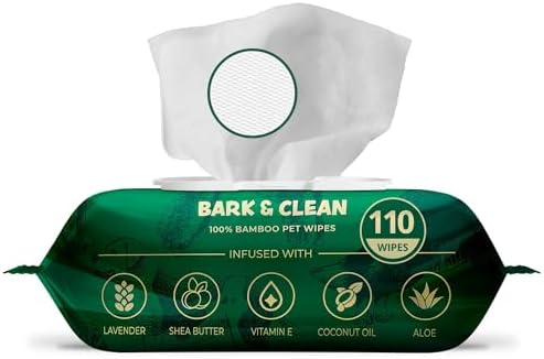 Bark & Clean Bamboo Dog Wipes for Cleaning & Deodorizing - 8.5" x 9" 110 Compostable Hypoallergenic Pet Wipes for Dogs - Paws, Butt & Body - Puppy Face, Ear & Eye Cloths - Pet Supplies