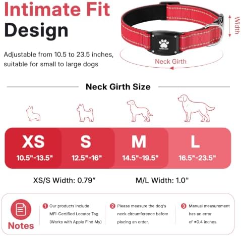 GPS Dog Collar with Tracker, Waterproof, No Monthly Fee, Red, M