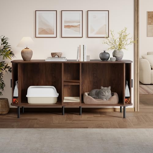 58" Double Cat Litter Box Enclosure, Large Hidden Litter Box Furniture for 2 Cats with Cat Scratch Pad, Mid Century Modern Indoor Cat House with Double Room, TV Stand, Side Table, Walnut