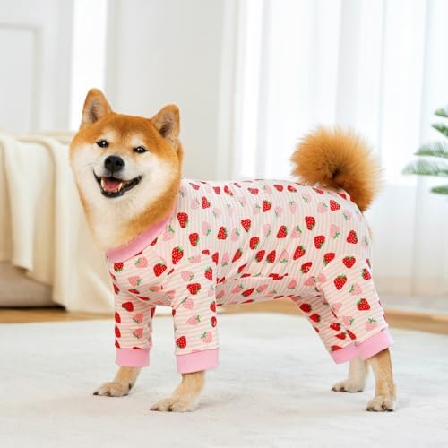 Recovery Suit for Dogs Full Zipper, Four-Legged Onesie Dog Recovery Suit After Surgery Cute Soft Bodysuit Cone Alternative Male Female Neuter Anti Licking Wounds (Pink Strawberry, 2X-Large)