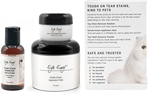 Eye Envy Cat Tear Stain Remover Starter Kit. Gentle, Natural, Safe. Contains: Stain Solution, Applicator Pads, and Stain Powder. Tear Stain Cleaning Kit. Lasts 30-45 Days. Made in USA