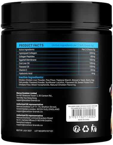 Collagen for Dogs - 150 Chews - Joint, Skin & Coat Supplement with Hyaluronic Acid, Eggshell Membrane & Vitamin C - Daily Hip & Joint Support for Senior Dogs & Puppies - Chicken