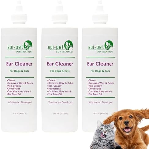 Epi-Pet Dog & Cat Ear Cleaner Solution with Aloe Vera & Tea Tree Oil – Removes Itchy Ear Wax, Debris, Odor – Ears Wash, Drops & Flush for Pets, Dog Ears Cleaning, Cat Cleaner (16 oz- Pack of 3)