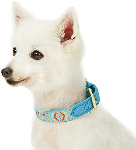 Blueberry Pet 3 Patterns Southwestern Magical Tribal Print Genuine Leather & Polyester Fabric Combo Dog Collar with Metal Buckle - Celeste Blue, Medium, Neck 15"-18"