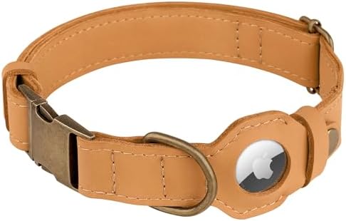 AirTag Dog Collar - Genuine Leather Dog Collar with Apple AirTag Holder and Metal Buckle - Smart GPS Tracking Pet Collars (Light Brown, XS, 9"-12" Neck Fit)