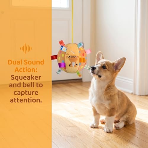 Colorful Squeaky Hanging Dog Training Toy, 6-Inch Squeaky Hanging Dog Toy, Soft Stuffed Ball with Cotton Material, Built-in Bell, Interactive Tug Chew Toy for Small Medium Dogs Indoor Play Fun (Mix-1)