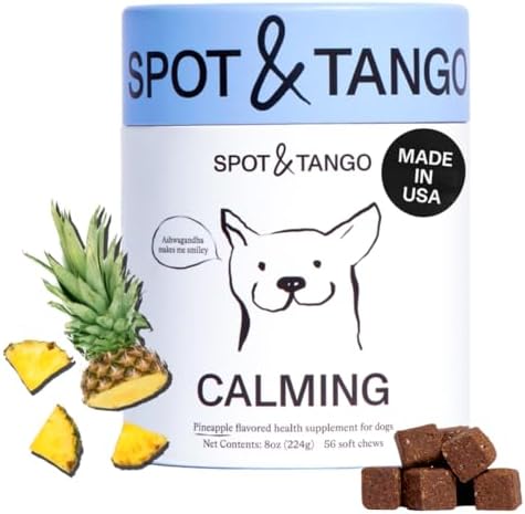 Spot & Tango Calming Supplements for Dogs - Vet-Approved for Anxiety and Stress Relief - L-Theanine, Passionflower, Ashwagandha, Chamomile - Flavored with Real Pineapple, 56 Count