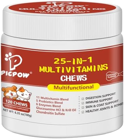 Dog Multivitamin Chewable, with Glucosamine Chondroitin, Digestive Enzymes & Probiotics, for Digestion Support, Immune, Skin, Coat, Joints & Bones Healthy, 120 Chews