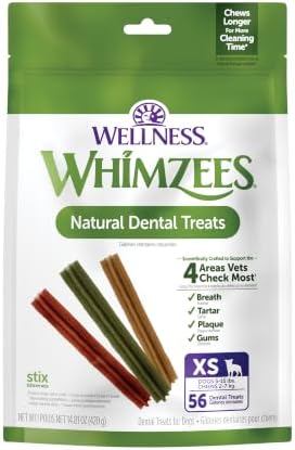 Wellness WHIMZEES Stix Natural Dog Dental Treat, Chews, Freshens Breath, Extra-Small Size, 14.81 oz Bag, 56 Count