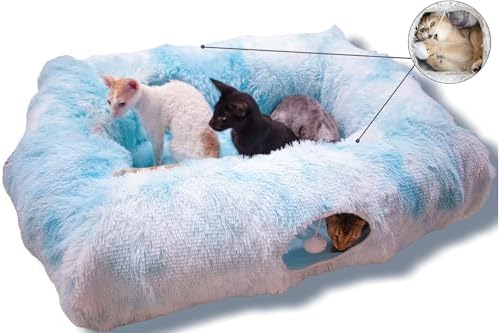 XxingSheep 4 Cave Shuttled XL Cat Tunnel Bed for Indoor Cats Peekaboo Toy Donut with Warm Mat, Azure Blue