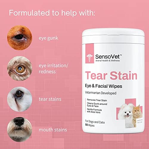 Tear Stain Remover Eye Wipes for Dogs & Cats, Cleans Eye Boogers and Gunk Discharge, Facial Cleansing with Aloe Vera (Fragrance Free)