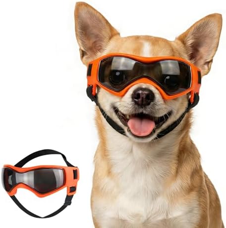 Dog Goggles for Small Breed, Anti-UV Windproof Extra Small Dog Sunglasses, XSmall Pet Eye Protection for Riding Cycling Hiking, Orange XS