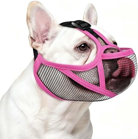 OHCOZZY French Bulldog Muzzle with Soft Mesh,Drinking & Feeding,Allows Tongue Extension -Open Eye Hole Short Snout Dog Muzzle for Biting Prevention(M,Pink)