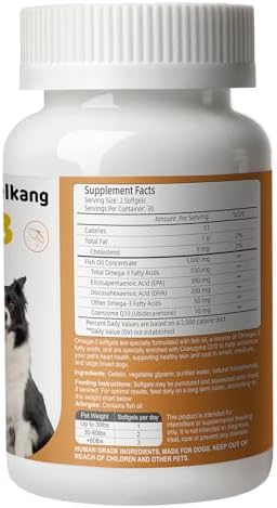Fish Oil for Dogs-Promotes Heart, Skin, Coat, & Immune Health，Fish Oil containing EPA, DHA, and Coenzyme Q10, Suitable for All Dog Breeds， All Natural Supplement for Pets-60 Counts