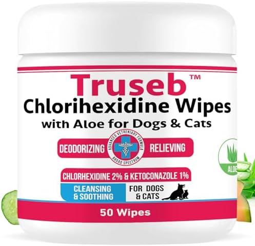 Pet Health Pharma Truseb Topical Ketoconazole and Chlorhexidine Wipes for Dogs, Cats and Horses - with Aloe for Cleansing - 50 Count (Ketoconazole & Chlorhexidine Wipes, 50 Count)