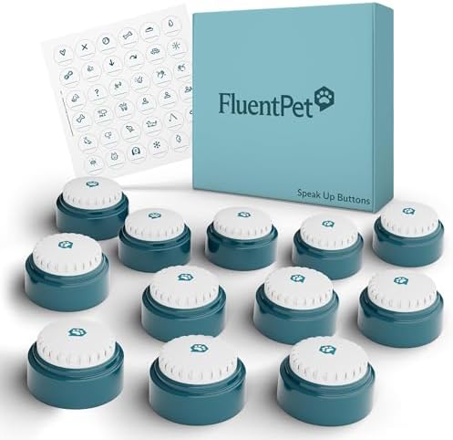 FluentPet Speak Up Dog Buttons for Communication, (12 Recordable Buttons) with Pre-Installed Batteries, Clearer Upward-Facing Sound, Training Buzzer for Dogs & Cats, Talking Pet Buttons for Training