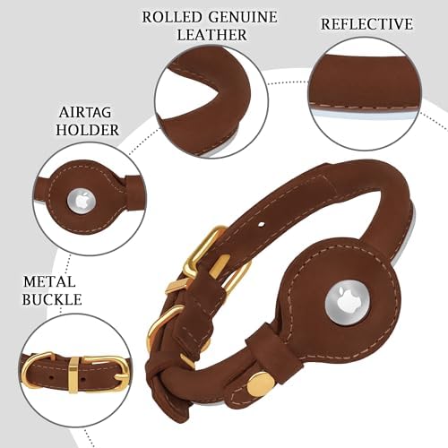 OOPSDOGGY Rolled Leather Dog Collar with Airtag Holder - Reflective Round Airtag Dog Collar - Soft Tracking Pet Collar for Small Dogs Puppy Cats Kitten (Brown, XXS, 7"-9")