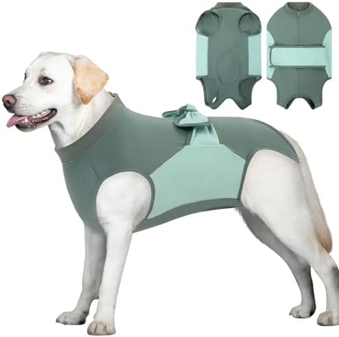 SAWMONG Recovery Suit for Dogs, Cotton Zipper Dog Surgery Suit Female Spay Pet Male Breathable, Neuter Dog Onesie Clothes Bodysuit Prevent Licking Wounds, Substitute E-Collar & Cone(Green, 2X-Large)
