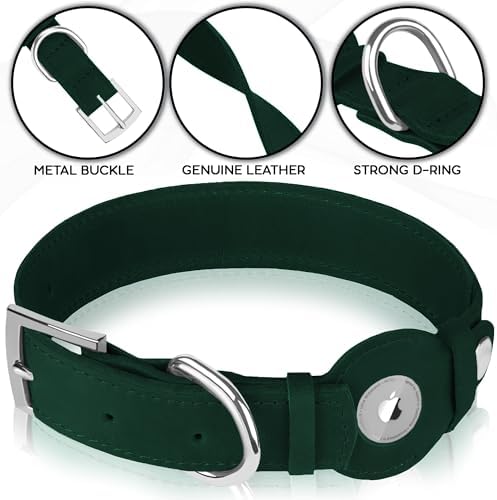 Leather Dog Collar with Airtag Holder - Apple Air Tag Dog Collars - Soft Tracking GPS Pet Collar for Small Medium Large Dogs Breed Puppy (Green, M, 12"-15" Neck Fit)