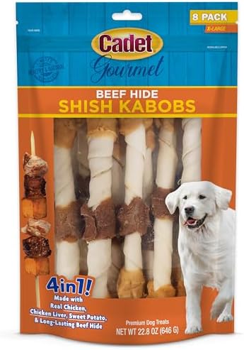 Cadet Gourmet Shish Kabob Dog Chews for Large Breeds, Rawhide Treats For Dogs with Chicken and Sweet Potato, Healthy & Natural Beef Hide, 10-Inch Sticks, 8 Count