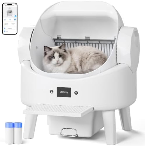 Realbear Automatic Litter Box, Smart Self Cleaning Cat Litter Box with App & Button Control, Open Top Design Safety Auto Litter Box for Multi Cats, 2 Rolls of Garbage Bags