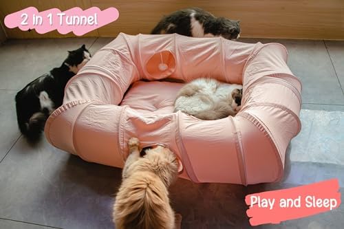 XxingSheep 4 Ways Shuttled XL Cat Tunnel Bed for Indoor Cats Peekaboo Cat Cave Donut with Cool Mat (Pink)