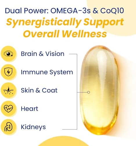 Fish Oil for Dogs-Promotes Heart, Skin, Coat, & Immune Health，Fish Oil containing EPA, DHA, and Coenzyme Q10, Suitable for All Dog Breeds， All Natural Supplement for Pets-60 Counts