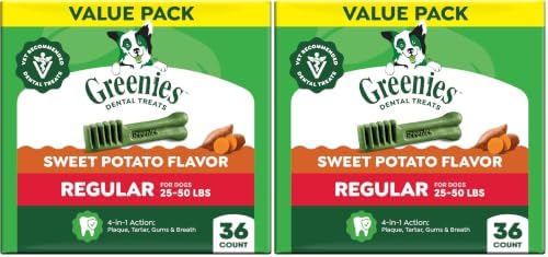 Greenies Veterinarian-Recommended Natural Dental Dog Treats,Dental Chews for Dogs,Regular Size,Sweet Potato Flavor,36 oz,36 Count (Pack of 2)