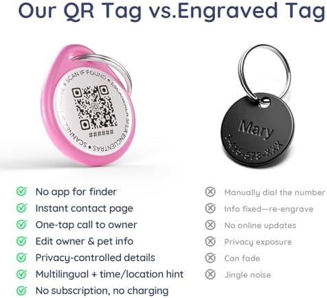 QR Code Dog Tag and Cat Tag, Scan to Reunite Faster, Waterproof and Durable, Lightweight and Quiet, Updatable Contact Info, Pink for Soft Look, 2 Tags in 1 Pack
