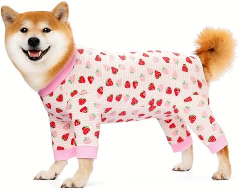 Recovery Suit for Dogs Full Zipper, Four-Legged Onesie Dog Recovery Suit After Surgery Cute Soft Bodysuit Cone Alternative Male Female Neuter Anti Licking Wounds (Pink Strawberry, 3X-Large)