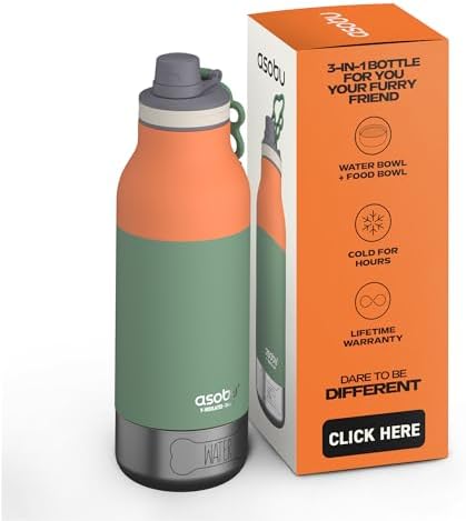 Asobu Dog Barky Bottle – Insulated Stainless Steel Water Bottle with 2 Removable Dog Bowls for Food, Treats & Water – Pet-Friendly Travel Bottle for Hiking, Road Trips & Outdoor Adventures
