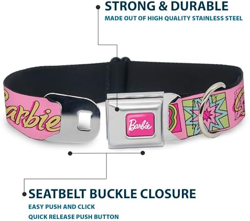 Mattel Pet Collar, Dog Collar Metal Seatbelt Buckle, Barbie Smart Beautiful Strong Icons Pink Multi Color, 13 to 17 Inches 1.5 Inch Wide