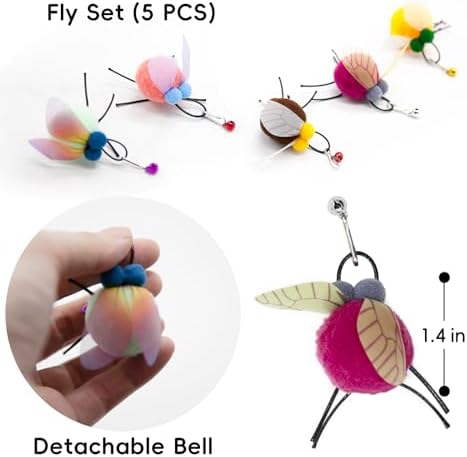 Cat Wand Attachment Toys, 5 PCS Fly Bugs Refills with Bells for Cat Teaser, Chase and Exercise Toys for Indoor Cats and Kittens Enrichment (No Wand Toy)