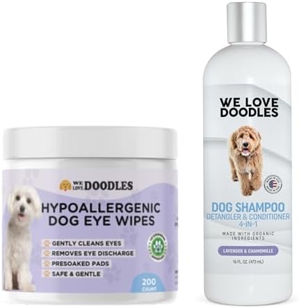 We Love Doodles Dog Eye Wipes & Dog Shampoo Bundle - Pre-Soaked Eye Wipes for Dogs, Tear Stain Remover for Dogs, Pet Eye Wipes, Dog Eye Cleaner, and Shampoo for Matted Pet Hair (Lavender)