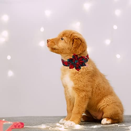 DOGWONG Christmas Dog Collar with Flower, Red Plaid Dog Collar Soft Durable Adjustable Cotton Red Green Tartan Puppy Collar for Small Medium Large Dog