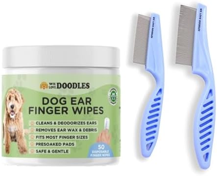 We Love Doodles Dog Ear Cleaner Finger Wipes & Dog Face Comb - Dog Ear Cleaner, Presoaked Dog Ear Wipes, Dog Ear Cleaning Solution, Flea Comb for Dogs, Fine Tooth Tear Stain Remover, Grooming Comb