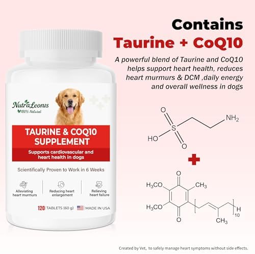 Taurine Supplement for Dogs – Supports Cardiovascular Health,Helps Heart Murmurs,Myocardial Hypertrophy DCM,Promotes Normal Heart, Immune Function,Vision,Energy & Vitality,CoQ10–Vet-Formulated-120ct