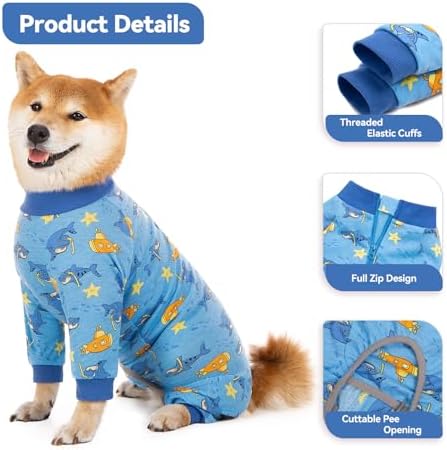 Recovery Suit for Dogs Full Zipper, Four-Legged Onesie Dog Recovery Suit After Surgery, Cute Soft Bodysuit Cone Alternative Male Female Dog Neuter Anti Licking Wounds, Ocean, Medium
