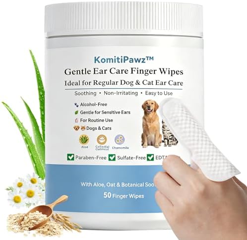 Dog Ear Finger Wipes for Dogs & Cats, Removes Ear Wax & Buildup, Better Than Ear Drops, Larger No-Slip Finger Fit for Better Control, Aloe Vera & Witch Hazel, Gentle for Sensitive Ears - 50 Count