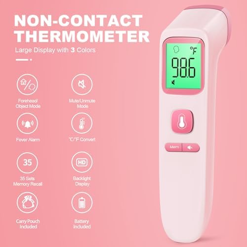 No-Touch Thermometer for Adults, Kids, Babies, 1-Sec Fast Accurate (Pink)