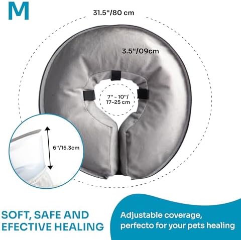 Dog Inflatable Neck Collar - Inflatable E Collar for Dogs - Comfortable Elizabethan Cone with Detachable Anti-Licking Shield - Dog Donut Cone - Doughnut for Dogs After Surgery (Grey, M)
