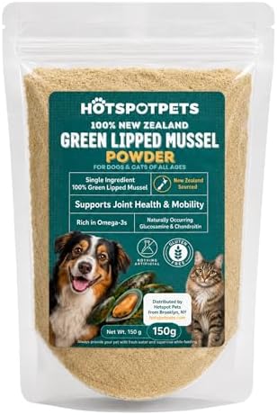 Green Lipped Mussel Powder for Dogs & Cats - 100% New Zealand Green Lipped Mussels - Natural Hip & Joint Supplement for Joints, Tendons, Ligaments, Muscles & Stiffness - 150 Grams (Up to 500 servings)
