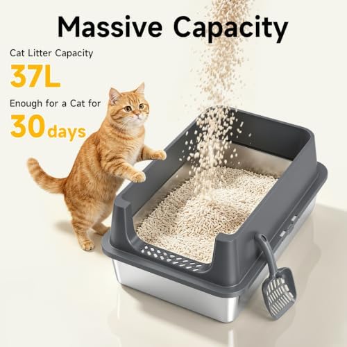 XL Open Top Stainless Steel Litter Box Large with High Sides,Gray