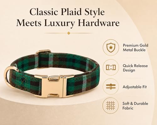 Soft Cotton Dog Collar Classic Plaid Pet Collars with Metal Clasp for Large Dogs with Sensitive Skin, Forest Green