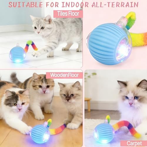 Interactive Cat Toys Ball，Automatic Interactive Cat Toy with 3 Modes, LED Light & 3 Replaceable Accessories, Indoor Cat Exercise Toy for Kittens & Adult Cats, Relieves Boredom Sky Blue