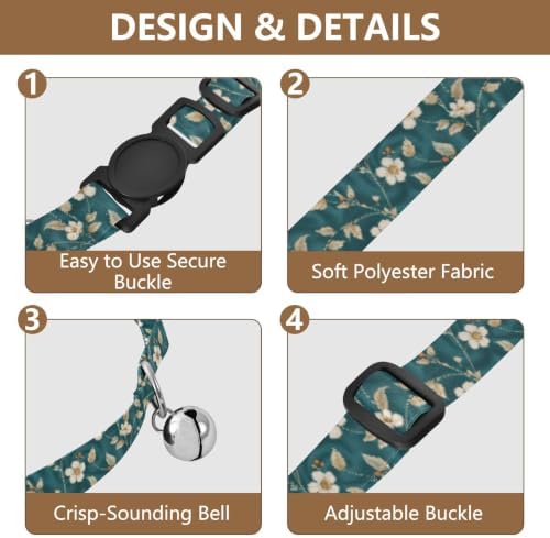 Botanical Stems Teal Metal Bell Included Small Dog Collar 2 Pack Comfortable Cat Collar