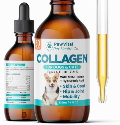 Liquid Collagen for Dogs – 1000mg 5 Types Grass-Fed Collagen Peptides (I, II, III, V & X) with MSM, Glucosamine, Chondroitin, Hyaluronic Acid – Skin & Coat, Itch Relief, Hip & Joint Support – 4oz