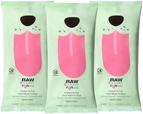 Raw Sugar Dog Wipes, Fur Kids Waterless Pet Wipes, 3 Pack, 60 Ct, Dog Grooming, Cleaning & Deodorizing, with Chamomile & Aloe Vera for Paws, Coat, Face & Ears, Vegan & Animal Test-Free, Apple Cream