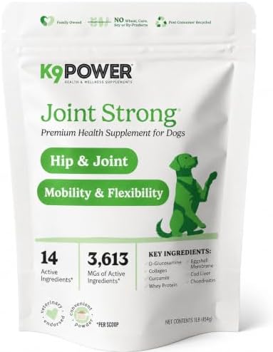 K9Power Joint Strong – Dog Joint Supplement for Mobility, Pain & Inflammation Relief – Glucosamine, Chondroitin, Collagen, Curcumin, Omega 3s, CMO, Green Tea – Ideal for Arthritis & Joint Protection